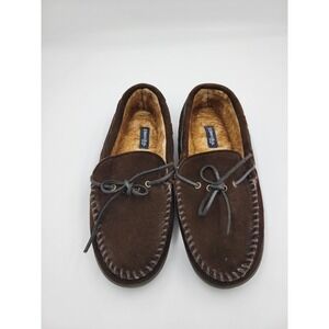 St. Johns Bay Moccasin Slippers Mens 13 M Brown Suede Leather Faux Fur Loafers